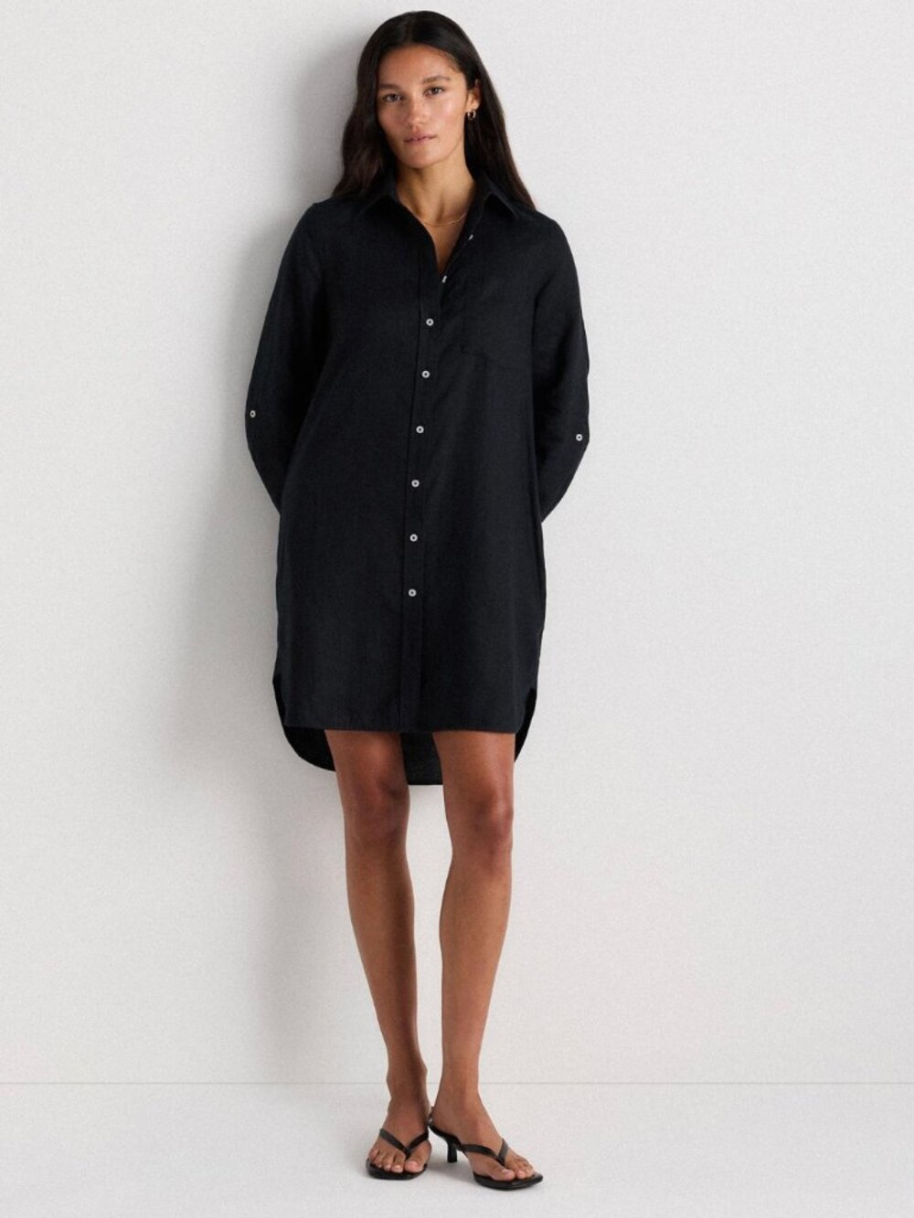 Quince Black 100% European Linen Shirt Dress Long Sleeve Pockets Size Large NWT